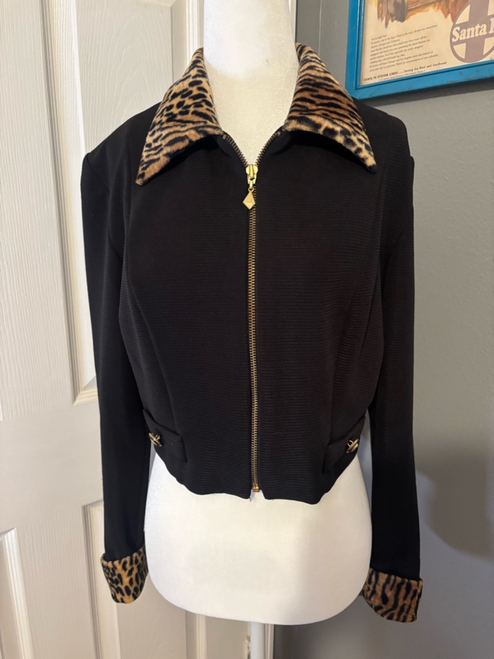 Joseph Ribkoff Vintage Black Jacket with Leopard-Print Trim